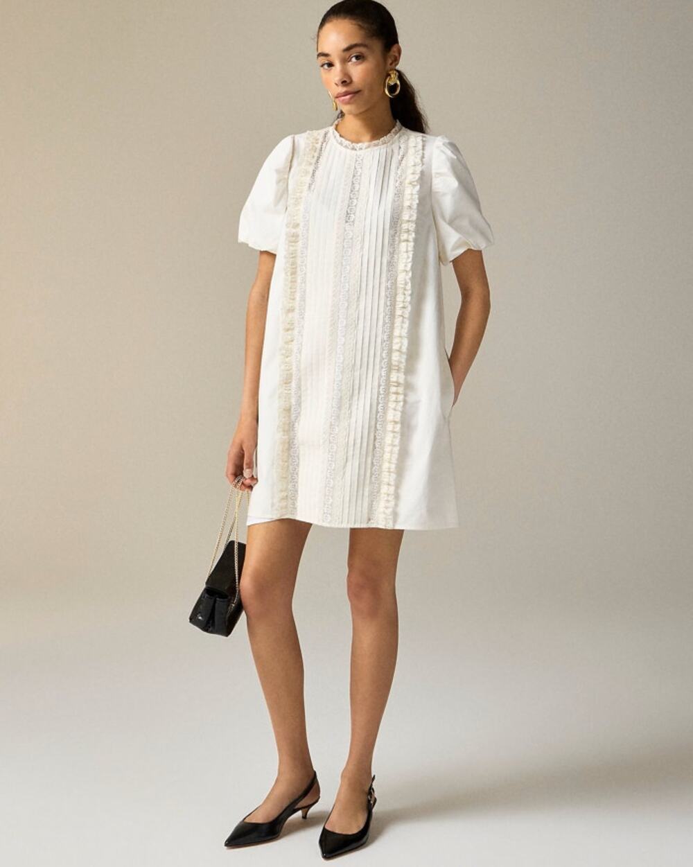 J.Crew Lace-Trim Pintuck Mini Dress WMNS 2X Cream Slip Lining Puff Short Sleeve